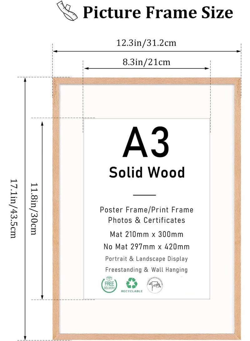 Arabest Set of 2 Certificate Picture Frame, Wood Picture Frame with Mount, A3 Poster Frame with Plexi Glass for Wall Mounting Display, 29.7x42 cm (Beige) - Image 3